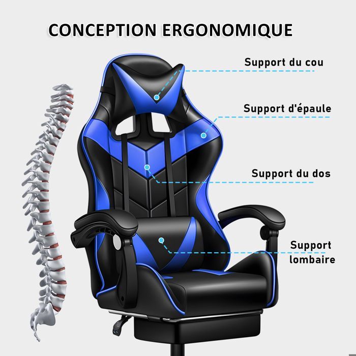 Silla gaming ergonómica con cojín lumbar de masaje, reposapiés, respaldo ajustable en altura e inclinación, capacidad de carga de 150 kg.