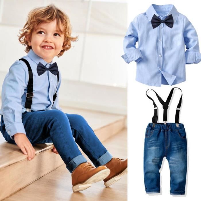 Conjunto de camisa de manga larga y pantalones vaqueros con tirantes y pajarita para niño - Azul