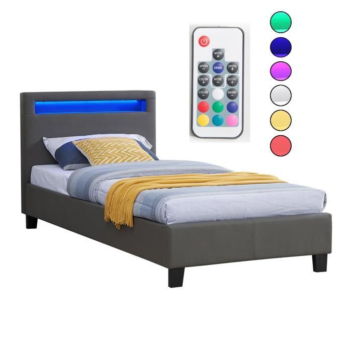 Cama de solteiro LUCENO com LED, 90x190 cm, estrado de ripas, cabeceira confortável e estofamento em material sintético cinza.