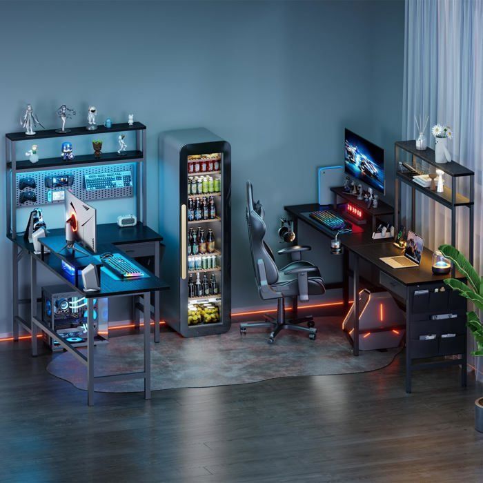 Mesa de canto com arrumação - Mesa em L - HLONONE - 150 cm - Jogos LED - Caixas e Sacos de arrumação - Preta