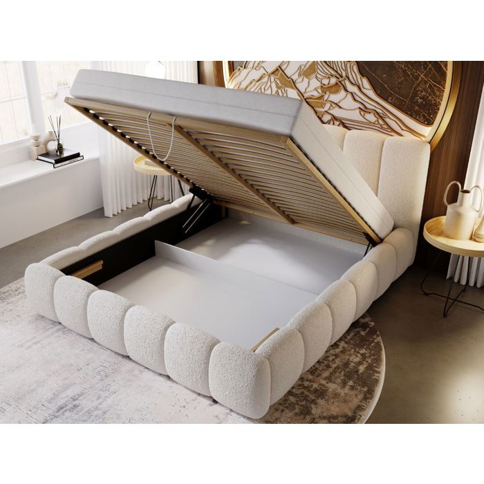 Structure de lit - Tissu en bouclé - Sommier à lattes - lit beige - Cloud 140x200