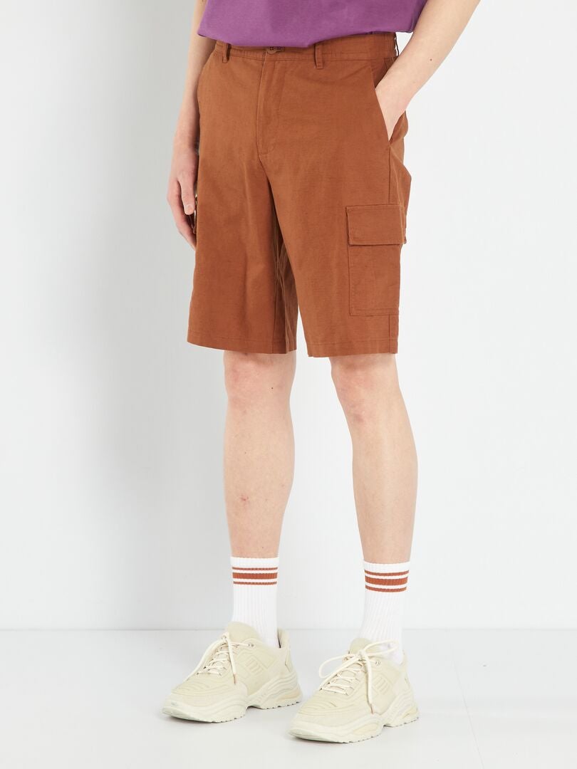 Bermudashorts van linnen en katoen met zakken - BRUIN