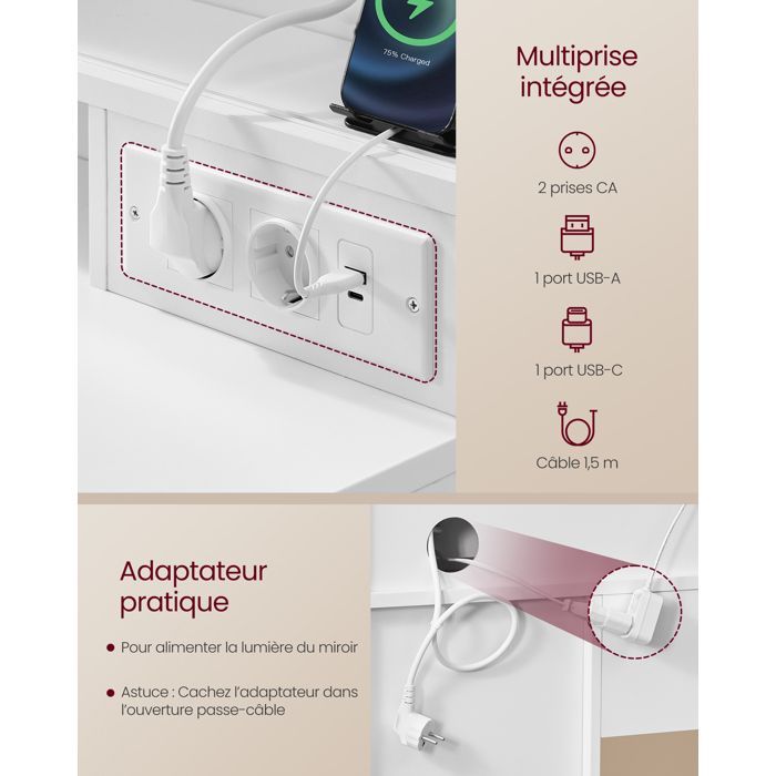 VASAGLE Coiffeuse avec Miroir LED, Multiprise, 9 Tiroirs, Loupe 10x, Éclairage 3 Couleurs, Installation des Rails sans Outils, Blanc