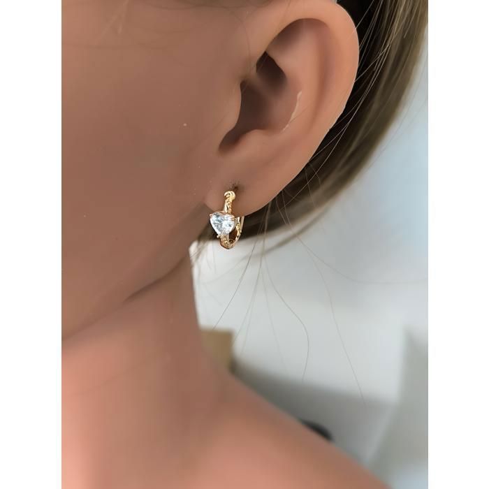 Boucles d'Oreilles - Femme/Enfant - Créoles - Ovales - Coeur - Cristal - Blanc - Plaqué Or Jaune 750/1000 - Bijou de Créateur