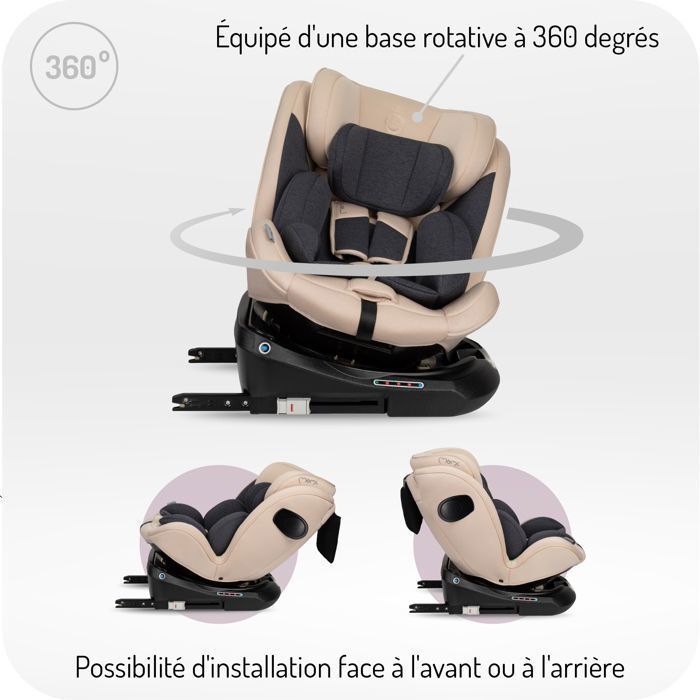 MoMi EMI – Siège auto pivotant 360° I-SIZE 40-150 cm – 0-36 kg – ISOFIX + TOP TETHER – Face/dos route – Beige