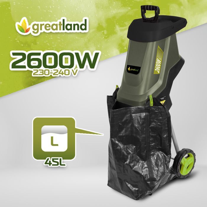 Trituradora eléctrica de jardín de 2600 W con bolsa recolectora de 45 L.