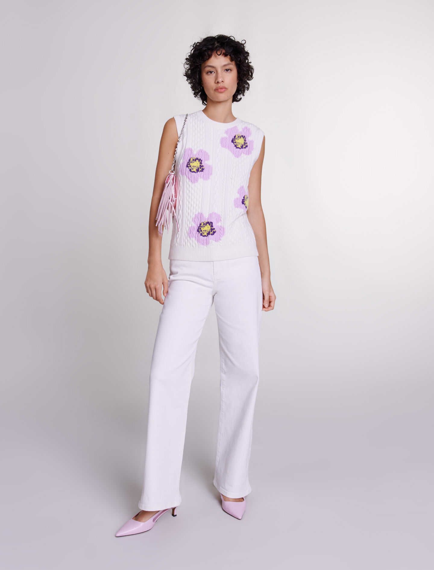 Mouwloze trui met bloemen - Gebroken wit