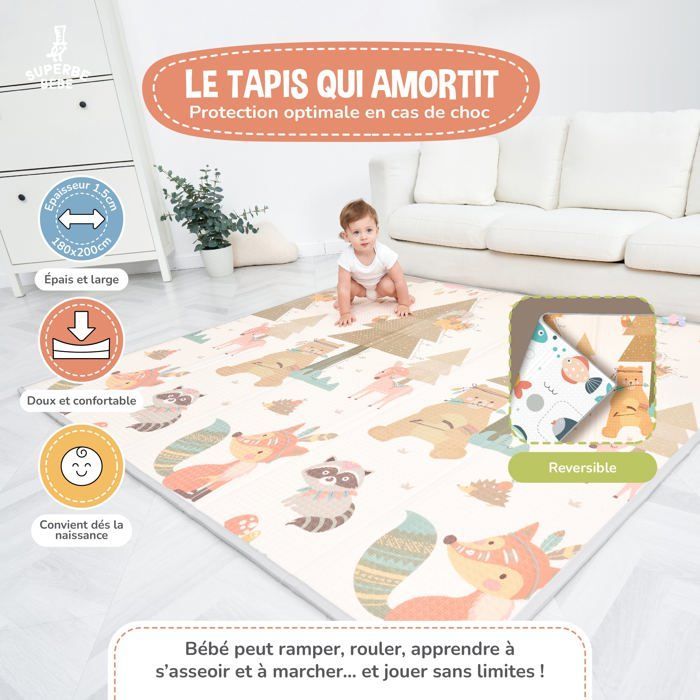 Alfombra de juegos plegable, reversible e impermeable - 200x180x1.5cm | Alfombra de juegos de espuma para niños - INDIANS | SUPERB BABY