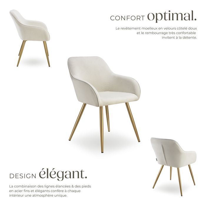 Chaise - TECTAKE - Fauteuil de salle à manger MARYLIN en velours côtelé avec pieds en acier noir - Crème/Doré