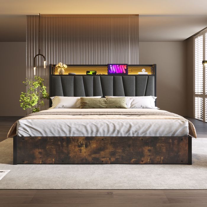 Letto matrimoniale 180x200 cm, imbottito con contenitore, illuminazione a LED, controllo tramite app, testiera ricaricabile, grigio (materasso non incluso)