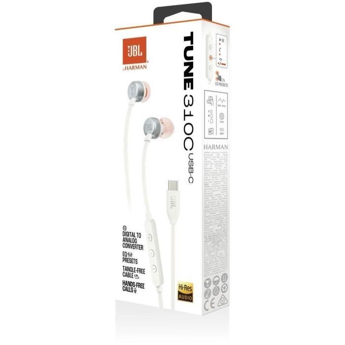 Auriculares con cable JBL Tune 310C - USB-C - Compatibles con audio de alta resolución - Blanco