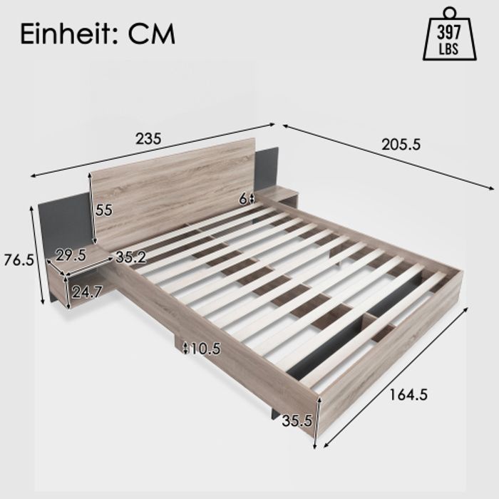 Cama de adulto, cama de madera con 2 mesitas de noche, conjunto de dormitorio - gris oscuro, 160 x 200 cm