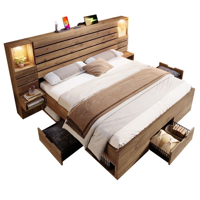 Cama para adultos de 180x200 cm con iluminación LED, puertos USB/Tipo-C, nicho iluminado, 3 cajones, estantes, madera de roble - DESVIAE