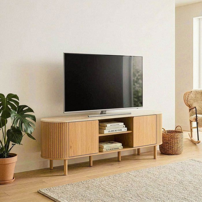 CALICOSY - 2-door TV stand with travertine-effect top, 140 cm wide - HELIOS - Light wood