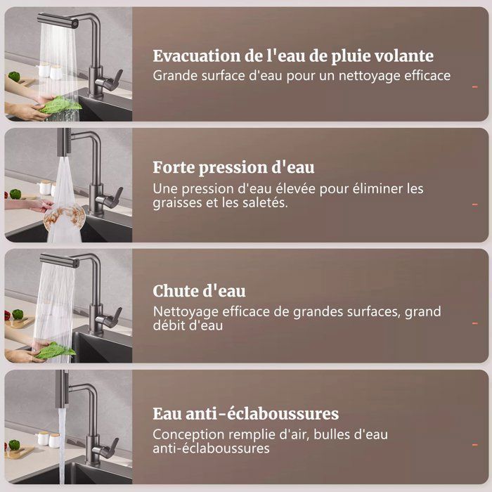 Rubinetto da cucina con doccetta estraibile a 4 modalità, miscelatore per acqua calda e fredda, girevole a 360°, in acciaio inox - Nero