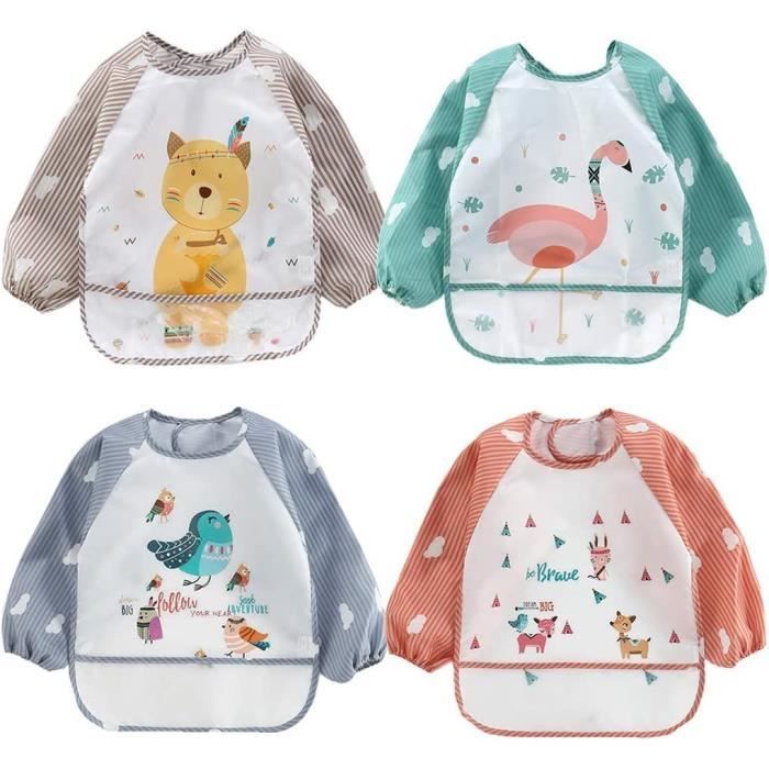 Conjunto de 4 babadores impermeáveis de manga comprida para alimentação de bebês e blusa avental para bebês de 1 a 4 anos.