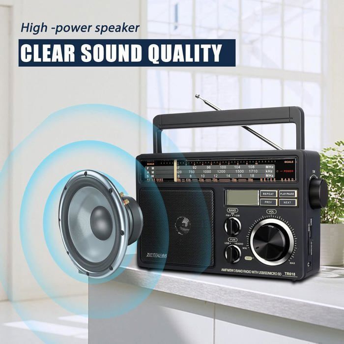 Retekess TR618 draagbare radio, werkt op batterijen en netstroom, FM AM SW transistor, MP3-speler met USB-, SD- en TF-kaartsleuven, hoofdtelefoonaansluiting (grijs)