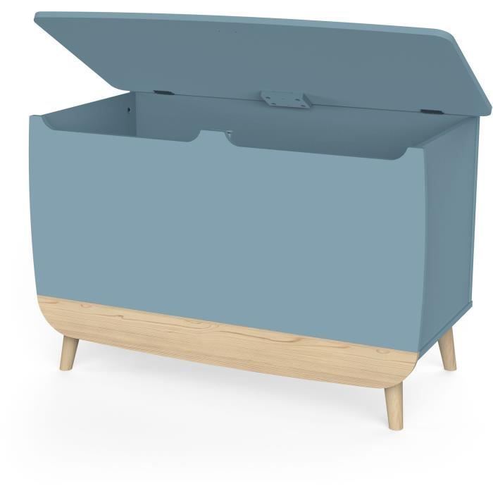 Coffre à jouets - FIRMIANA - style scandinave - Bleu orage et bois naturel - 82,4 x 39,1 x 58,9 cm - DEMEYERE