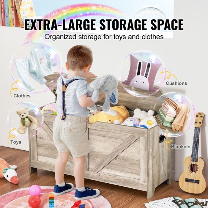 Baúl de juguetes de madera - VEVOR - 990 x 395 x 480 mm - Banco de almacenamiento infantil grande - para sala de juegos, dormitorio - Gris