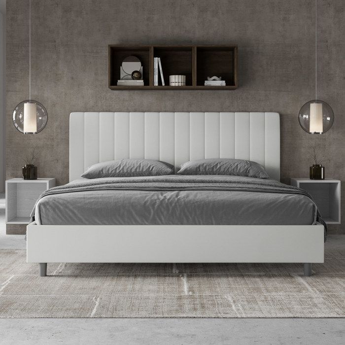 Lit king size coffre - Ityhome - Agueda - Similicuir blanc - 200x210 cm - Tête de lit rembourrée