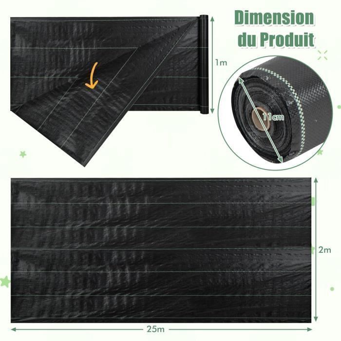 Malla antihierbas COSTWAY 25 m x 2 m - Control de malezas - Tejido resistente a los rayos UV de 100 g/m² - Con línea guía clara y recta - Negro