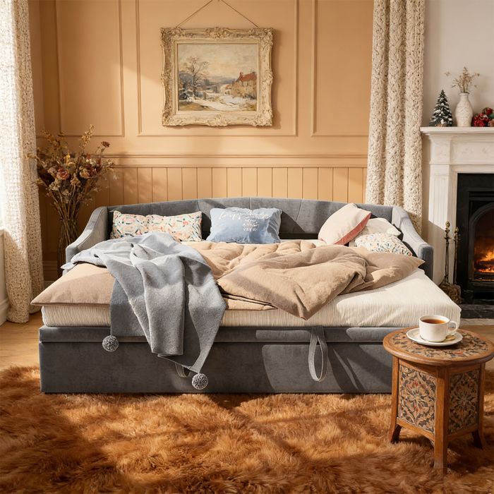 Sofá convertible de 90x200 cm - Terciopelo gris - Mecanismo hidráulico - 2 plazas - Capacidad de carga de 300 kg
