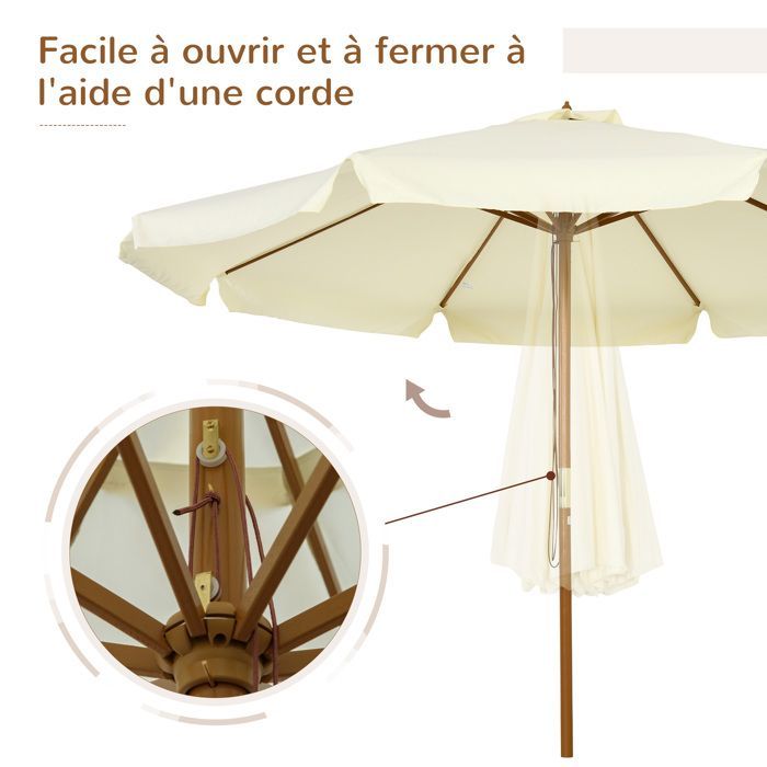 Rechte parasol - tuinparasol - Outsunny - groot rond formaat - bamboehout - Ø 3 m - beige