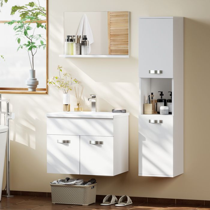 Ensemble de Meubles de Salle de Bain - kleankin - 4 Pièces - Mural - Miroir, Meuble sous Vasque, Lavabo et Armoire Haute - Blanc