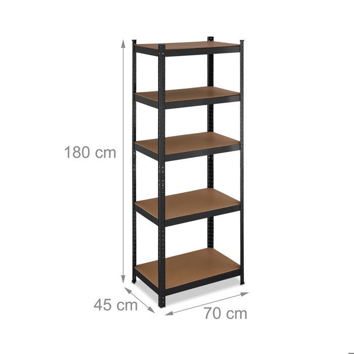 Estantería de alta resistencia Relaxdays, 180 x 70 x 45 cm (alto x ancho x profundidad), soporta hasta 500 kg, acero y MDF, 5 niveles, ideal para garaje y almacenamiento, color negro.