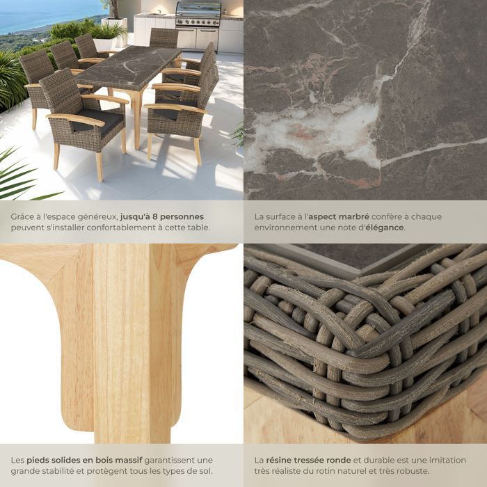 Mesa de jardín - TECTAKE - FOGGIA, mesa de comedor de ratán con tablero de gres desmontable, estructura de aluminio, 196x87x76cm - Marrón natural