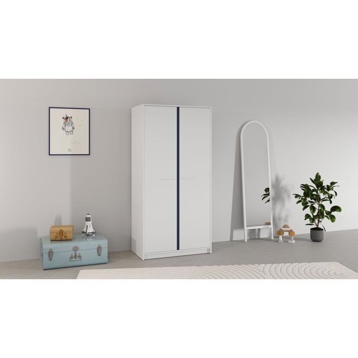 Armoire de chambre - REVERSO - Blanc mat - Décor Rose ou Bleu - 2 portes - L88,3 x P50 x H180,9 cm