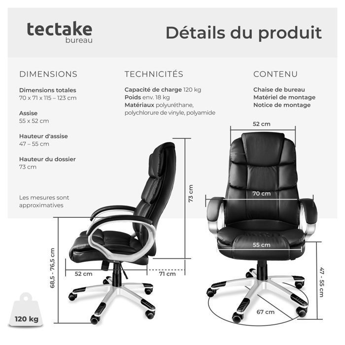 Chaise de bureau - TECTAKE - Fauteuil de direction JONAS avec accoudoirs rembourrés et fonction de bascule réglable - Noir