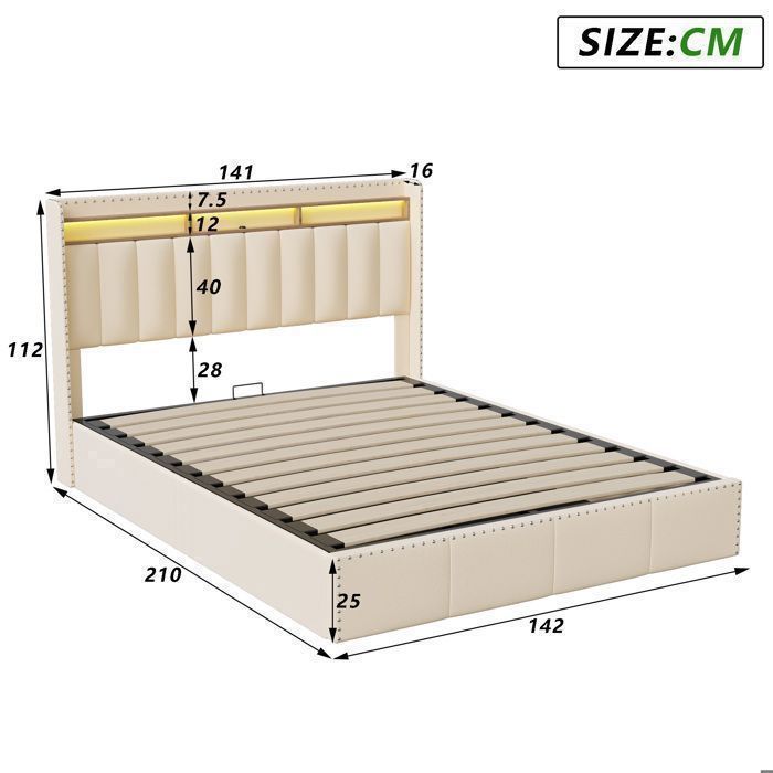 Cama doble con espacio de almacenamiento de 140x190 cm - TANANT - Beige - Iluminación LED integrada - Almacenamiento práctico - Cabecero decorativo