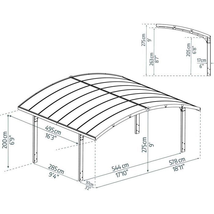 Carport en aluminium et polycarbonate Arizona Wave 4.95 x 5.78 m