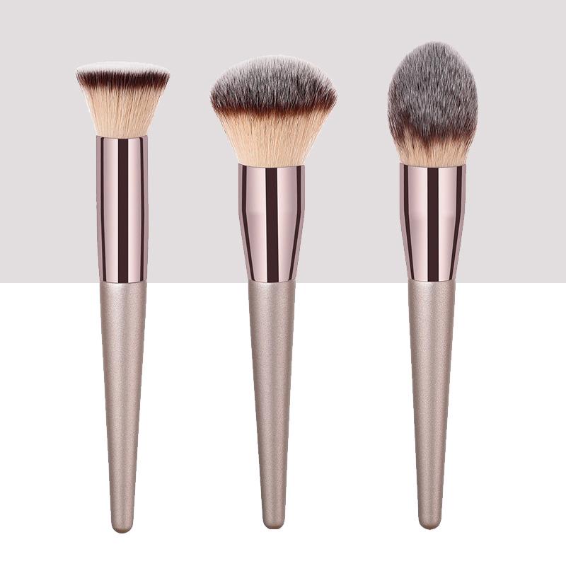 Lot de 3 grands pinceaux de maquillage couleur champagne, forme conique, tête plate, outil cosmétique