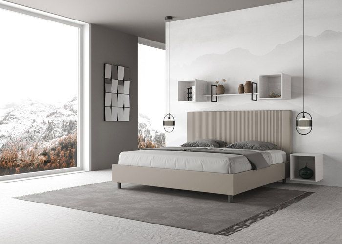Cama king size con almacenamiento - Ityhome - Goya - 200x200 cm - Piel sintética color topo - Cabecero tapizado