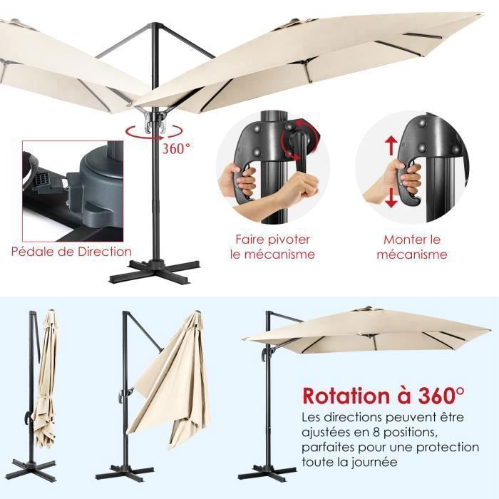 COSTWAY 3x3M Zwevende parasol met 360° draaibare kruisvoet, slinger, 8 baleinen en ventilatieopening voor tuin en terras, beige