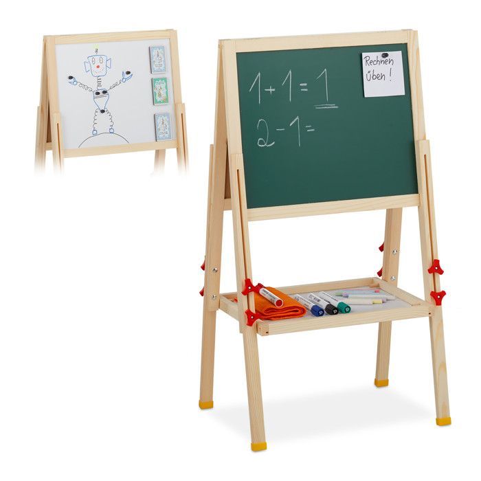Relaxdays Tableau droit enfant; réglable en hauteur et magnétique, en bois, Blanc et à craie, 81-104 x 45 x 42 cm,nature