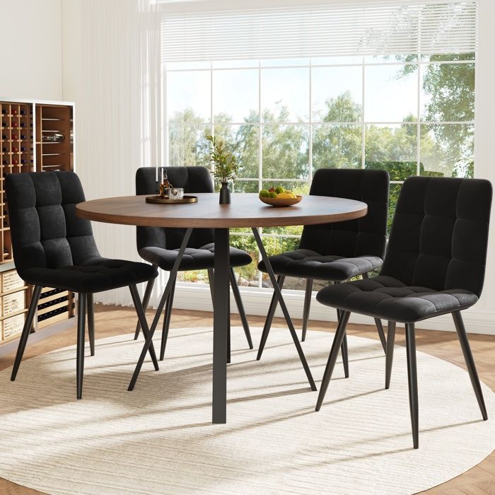 Table à manger ronde Set de 5 - 4 chaises en velours - 80x80 cm - Noir et noyer