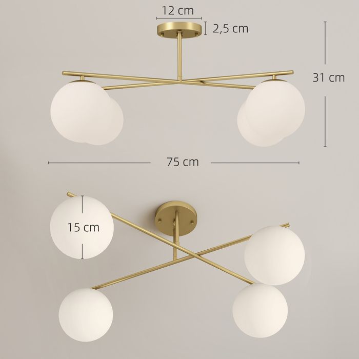 Lámpara de techo - HOMCOM - moderna lámpara de araña de 4 luces con casquillo E14 - montaje semiempotrado - dorado y crema