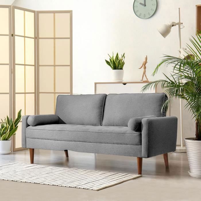 Canapé 3 Places en Tissu  Lin Velours,Fauteuil Scandinave avec 2 Coussins pour Salon,Pied en Bois Massif,77x173x84cm,Gris