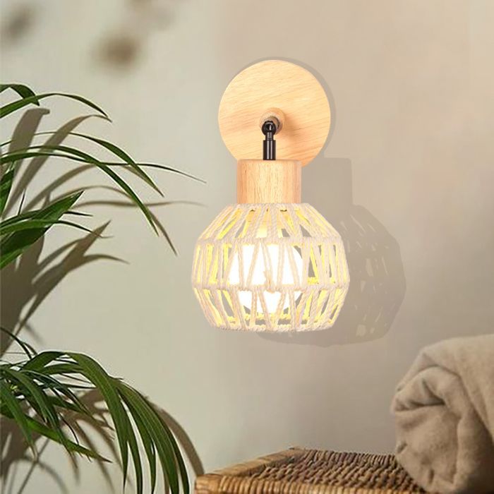 Aplique de pared vintage SNOGOLD para interiores, lámpara de pared de ratán y madera, portalámparas de techo ajustable E27 para sala de estar o pasillo, blanco.