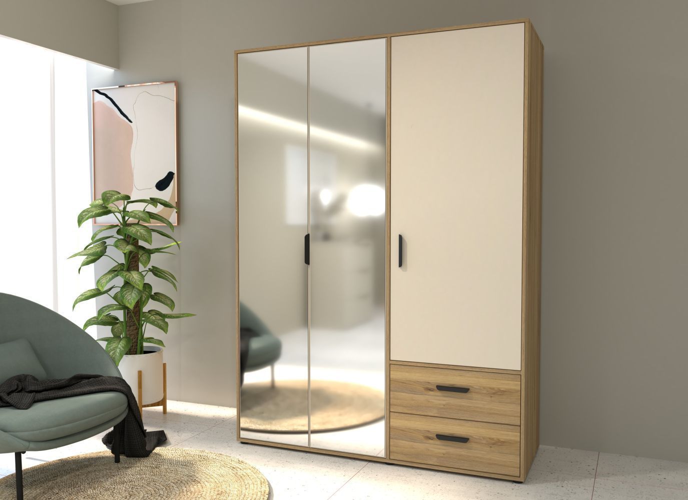 Armoire de chambre - MOKKARO - Décor Chêne et sable - 3 portes battantes - 2 tiroirs - 2 miroirs - L144,4 x P52,7 x H200cm