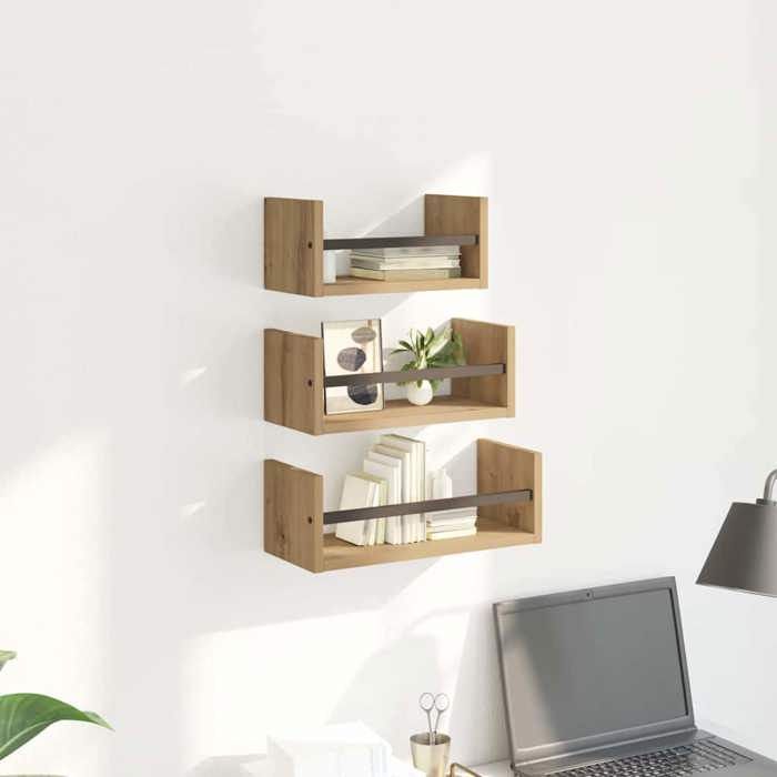 MOT12182 - Juego de 3 estantes de pared, roble artesanal, 40x16x14cm