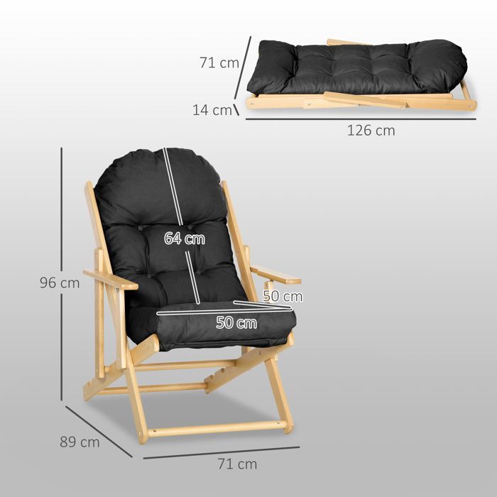 Fauteuil relax - HOMCOM - pliable et inclinable - coussin capitonné épais - bois d'hévéa - 71x89x96cm - noir