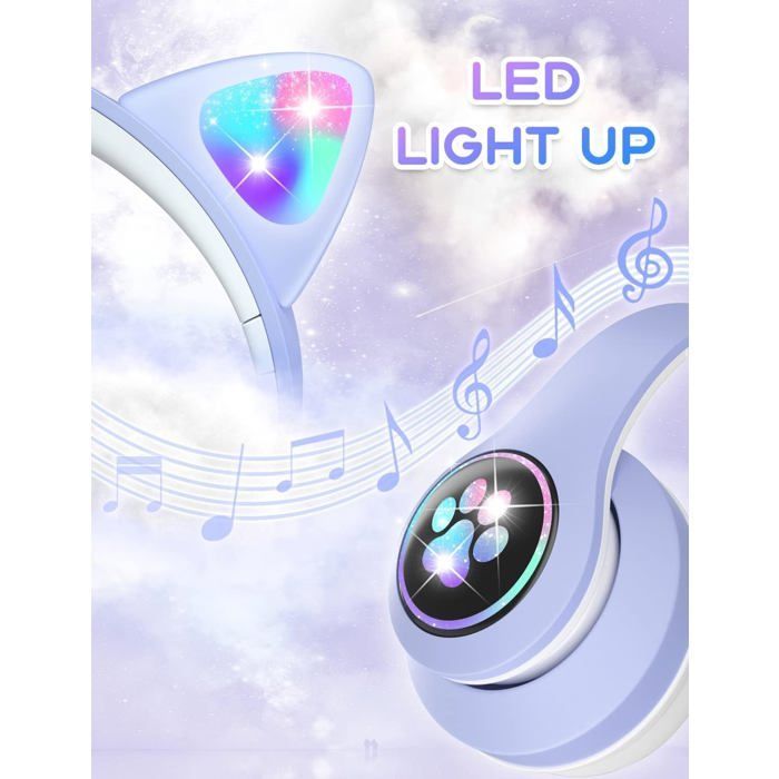 Cuffie Bluetooth per bambini, cuffie Bluetooth pieghevoli per bambini con luci LED e orecchie da gatto, cuffie wireless, viola