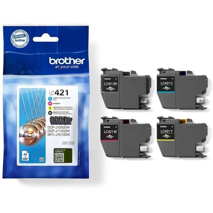 Paquete de 4 cartuchos de tinta LC421VAL - BROTHER - Negro, cian, magenta y amarillo, capacidad estándar de 200 páginas - Para DCP-J1050DW