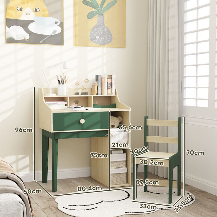 Conjunto de escritorio y silla infantil AIYAPLAY - Estantes y cajón - Muebles para niños de 3 a 10 años - Verde