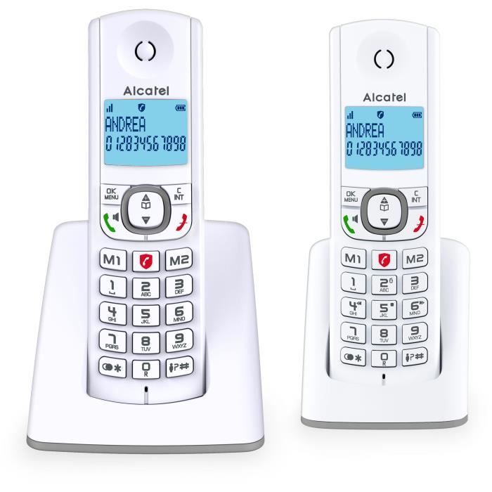 Teléfono inalámbrico - ALCATEL - F530 Duo - 2 terminales, bloqueo de llamadas, manos libres, 2 números de marcación rápida, blanco/azul