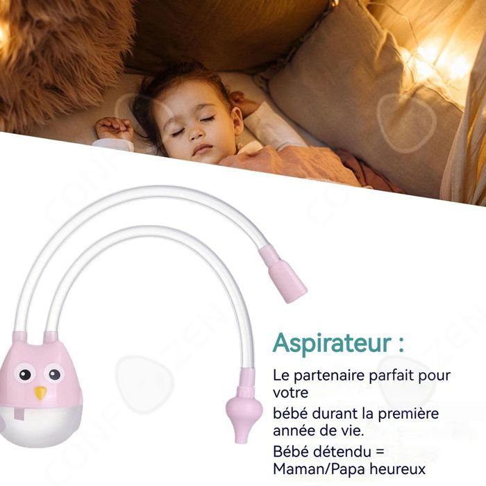 Aspirador nasal manual rosa con forma de búho, fabricado en silicona suave, transparente y reutilizable para la limpieza nasal.